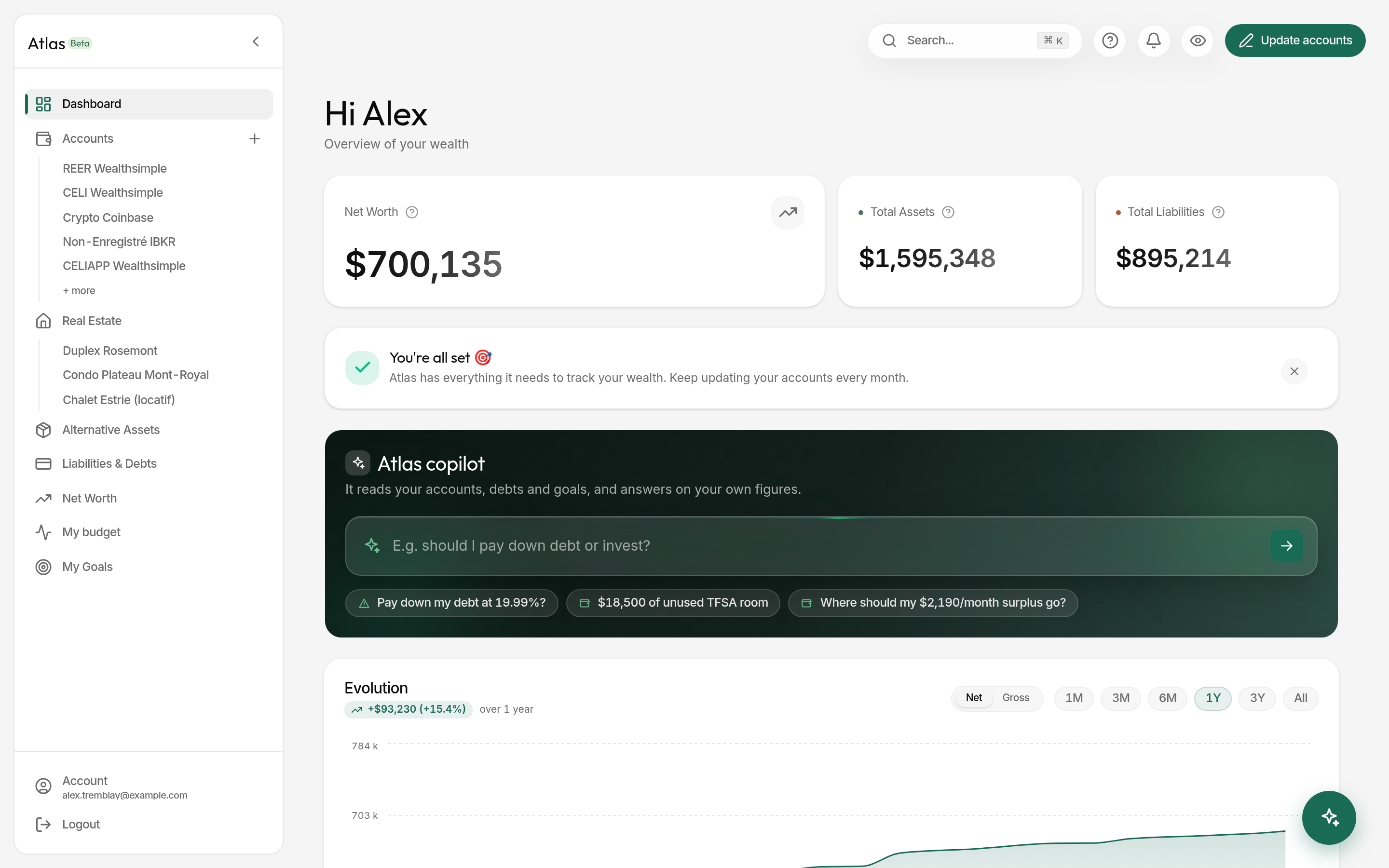 Atlas dashboard: net worth, total assets and liabilities, the copilot and the evolution chart.