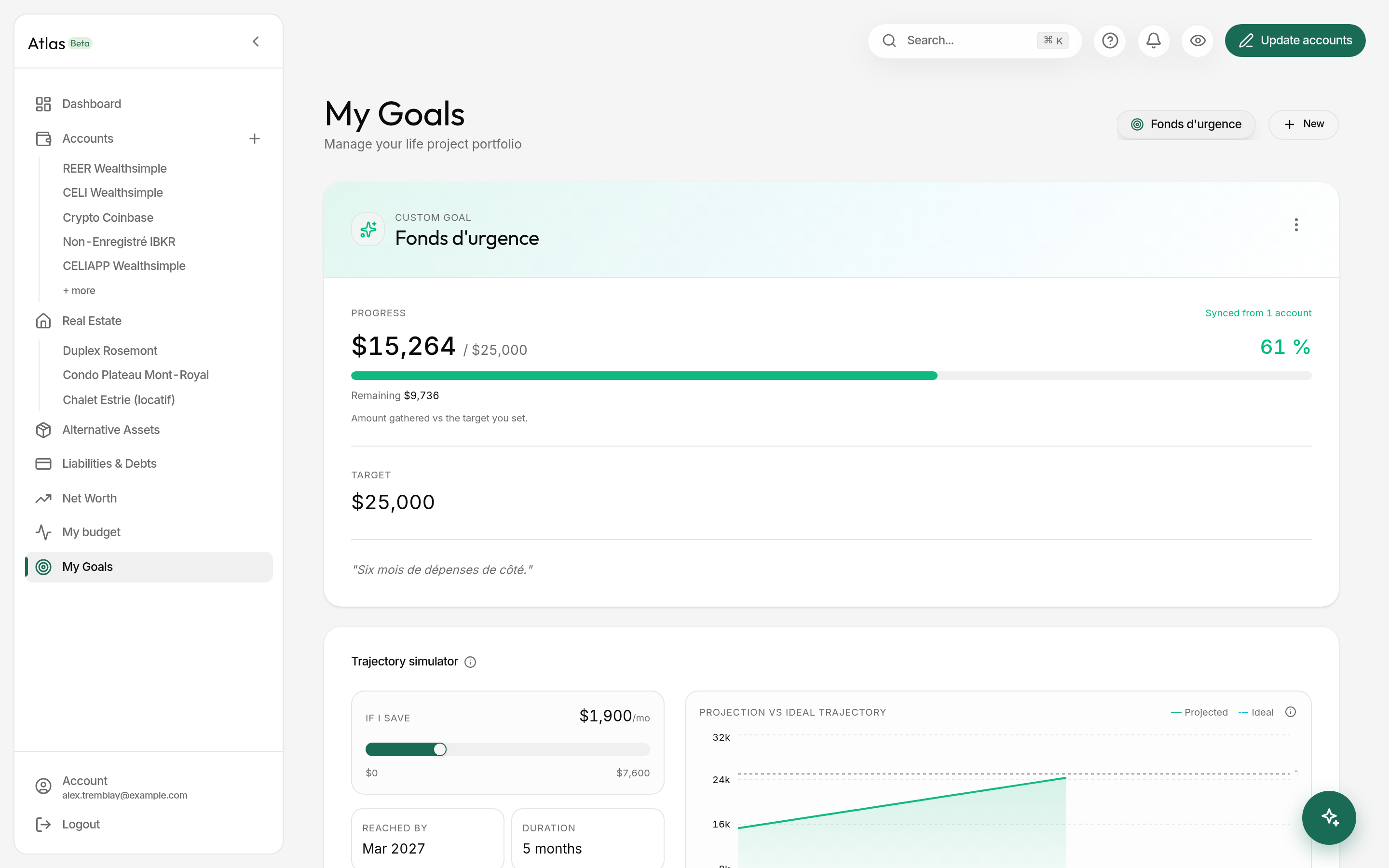 Atlas goals page with the trajectory simulator.
