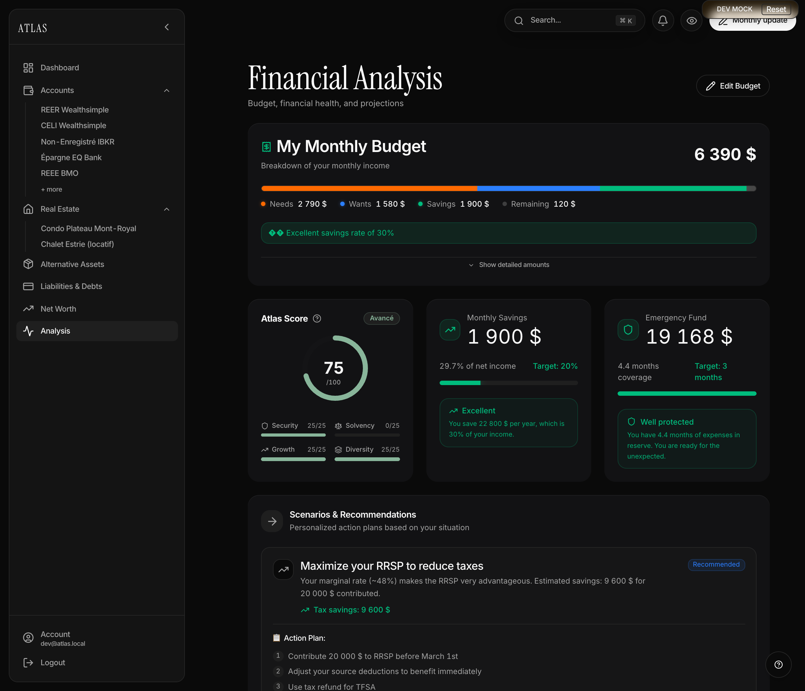 Page Analyse avec Atlas Score et ratios de santé
