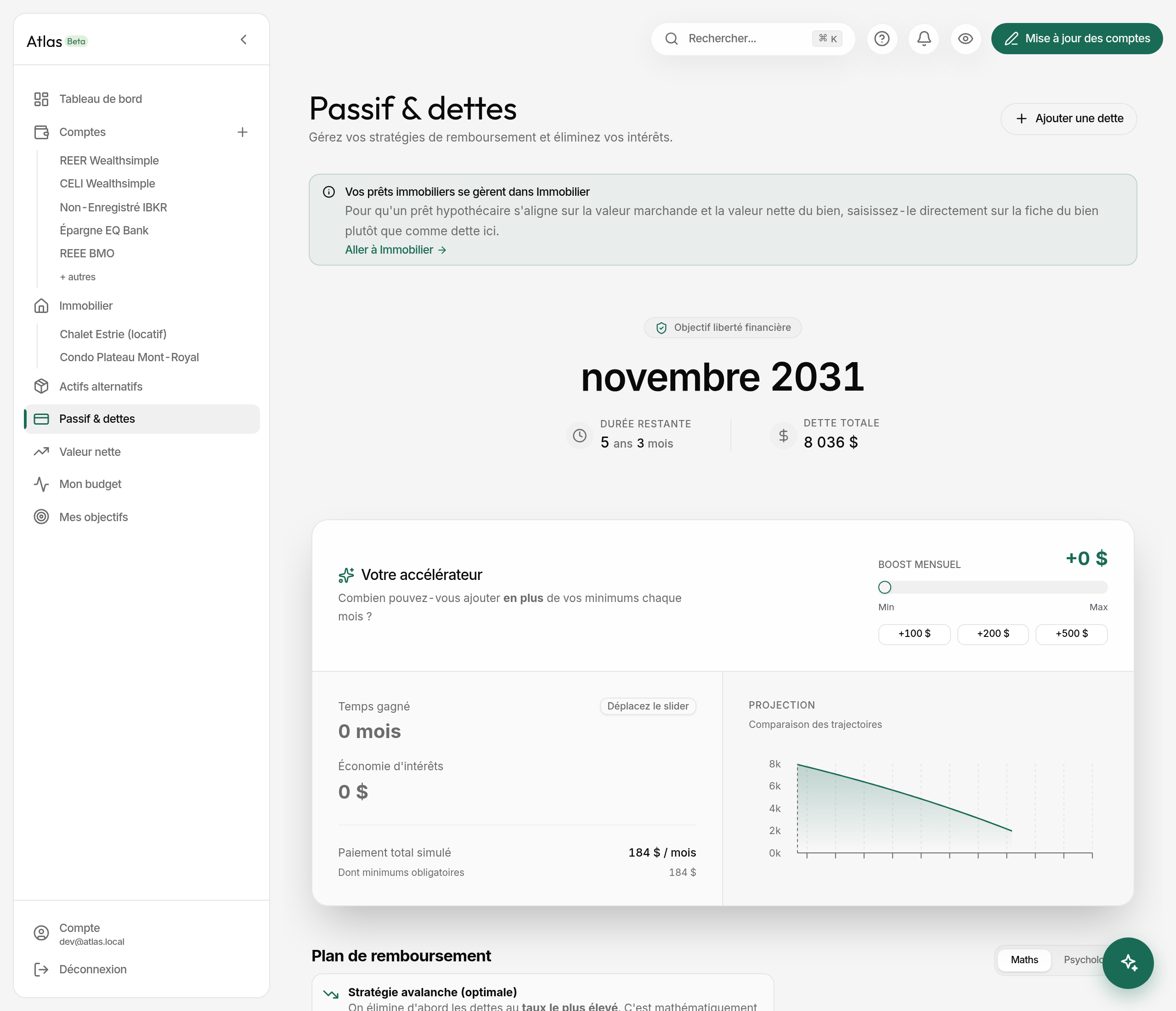 Liabilities page with the payoff optimiser
